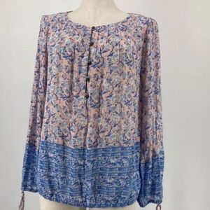 Lucky Brand Long Sleeve Blue Pink Floral Henley Pleated Top Size L
